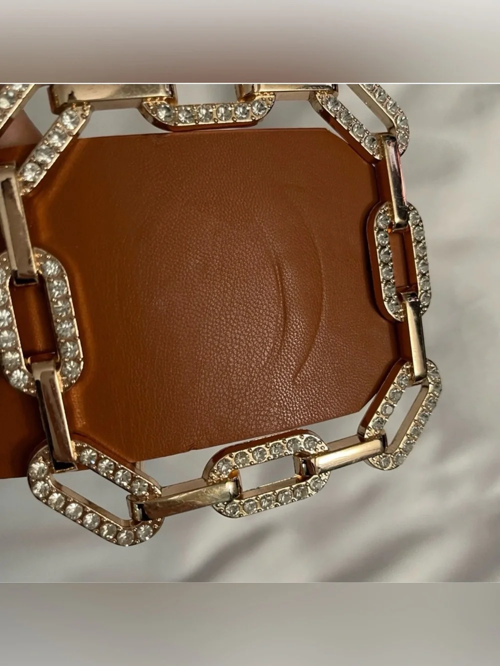 Plus size brown PU leather square gold tone buckle with rhinestones wide belt